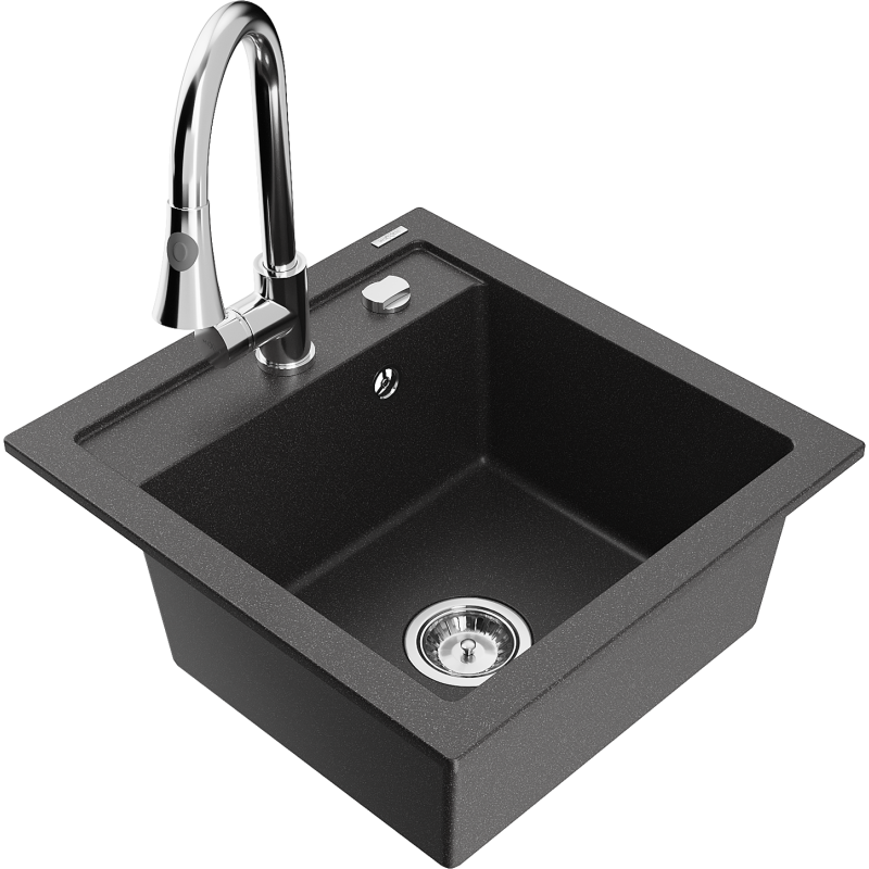 Mexen Vito 1-bowl granite sink with Elia kitchen tap, black speckled - 6503-76-670101-00