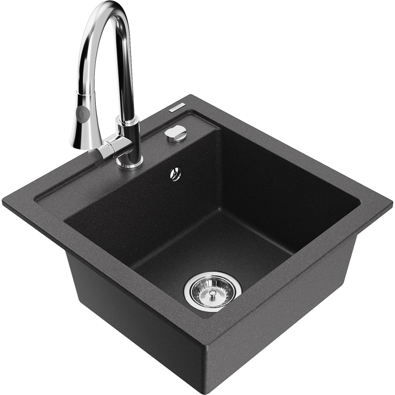 Mexen Vito 1-compartment granite sink with a kitchen mixer tap Elia, spotted black - 6503-76-670101-00