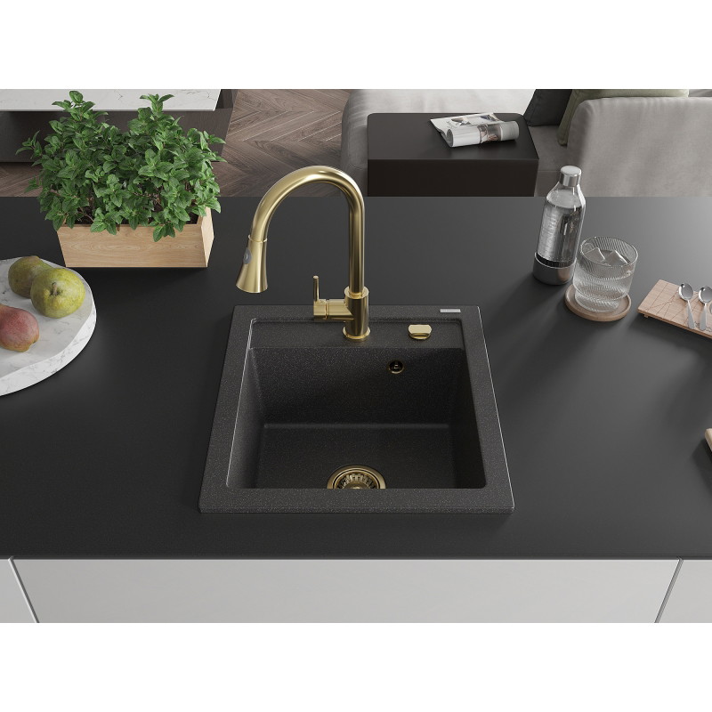 Mexen Vito 1-bowl granite kitchen sink with Elia kitchen faucet, black speckled - 6503-76-670101-50