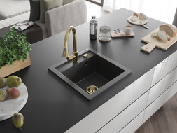 Mexen Vito 1-compartment granite sink with a kitchen mixer tap Elia, spotted black - 6503-76-670101-50