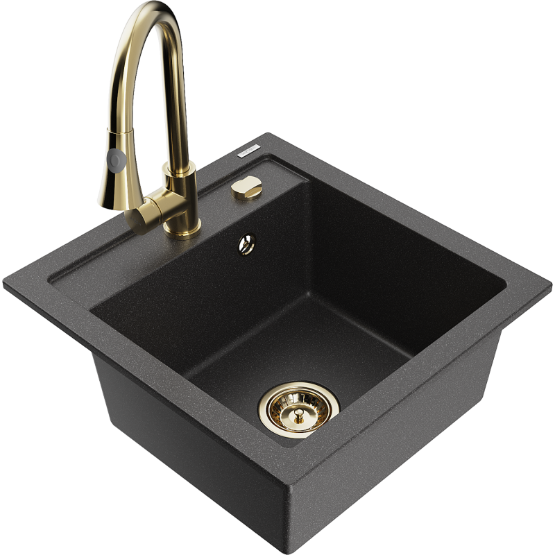 Mexen Vito 1-Bowl Granite Sink with Elia Kitchen Tap, Speckled Black - 6503-76-670101-50