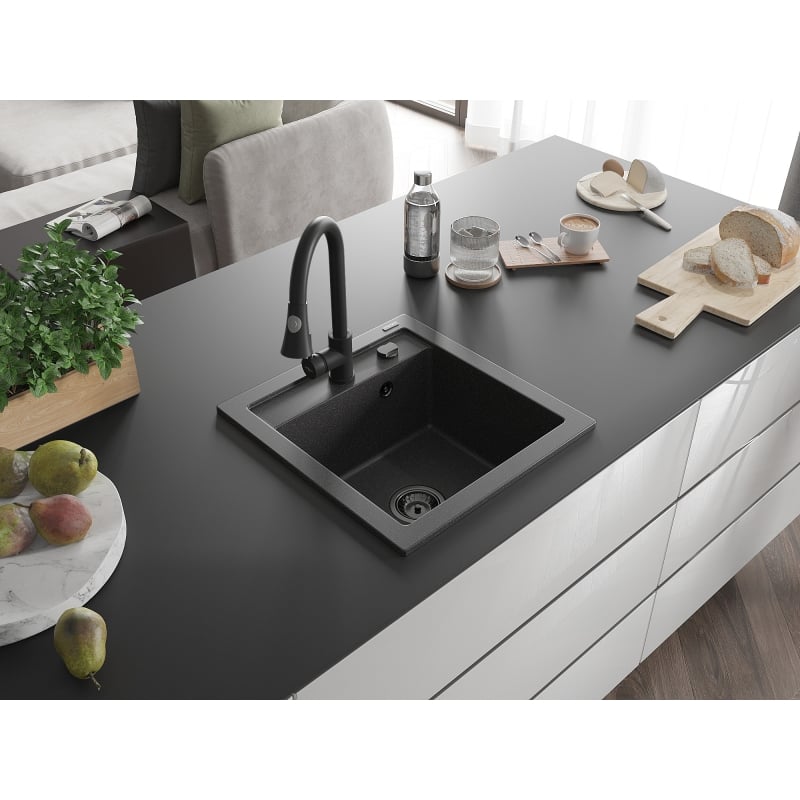 Mexen Vito granite kitchen sink 1-bowl with Elia kitchen faucet, black speckled - 6503-76-670101-70-B