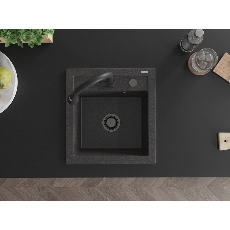 Mexen Vito granite kitchen sink 1-bowl with Elia kitchen faucet, black speckled - 6503-76-670101-70-B