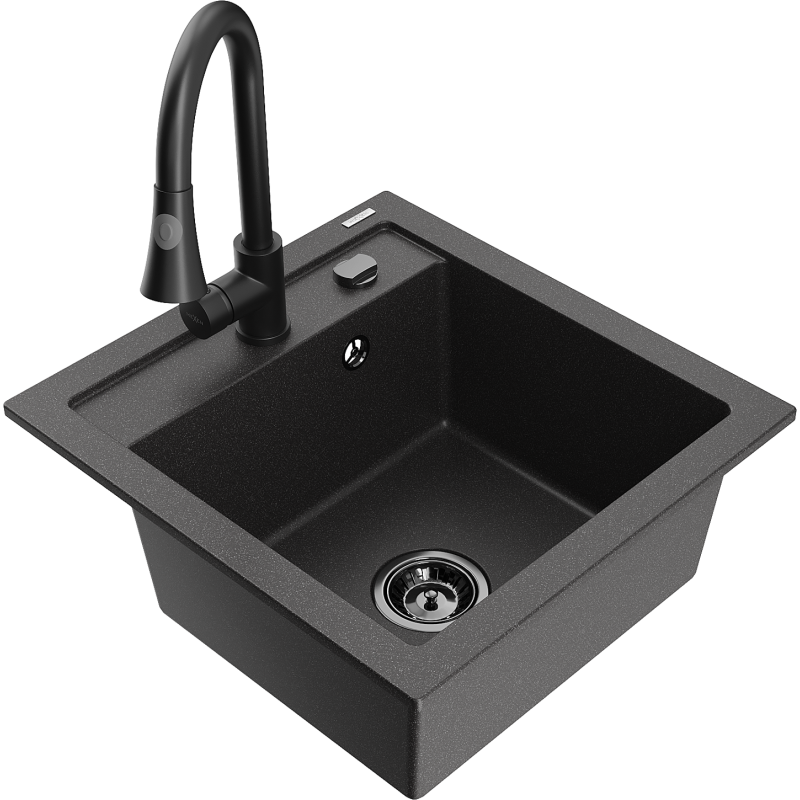 Mexen Vito 1-compartment granite sink with a kitchen mixer tap Elia, spotted black - 6503-76-670101-70-B