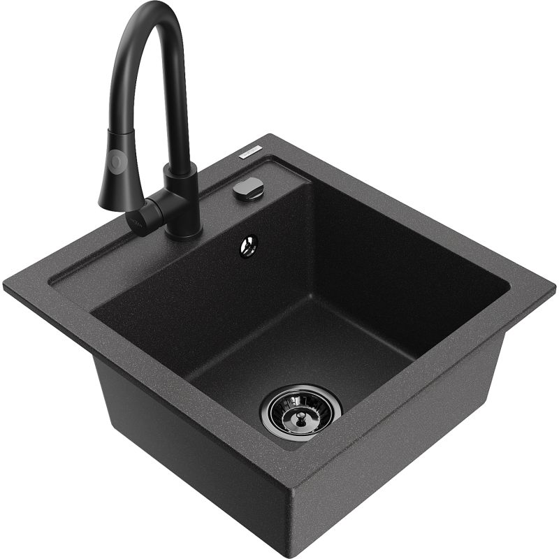 Mexen Vito granite sink 1-bowl with Elia kitchen tap, black speckled - 6503-76-670101-70-B