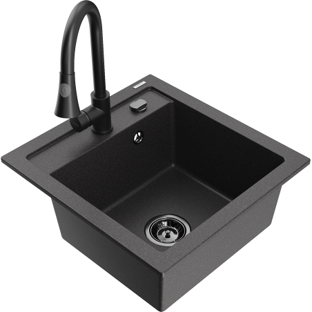 Mexen Vito granite kitchen sink 1-bowl with Elia kitchen faucet, black speckled - 6503-76-670101-70-B