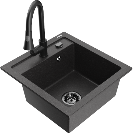 Mexen Vito granite sink 1-bowl with Elia kitchen tap, black speckled - 6503-76-670101-70-B