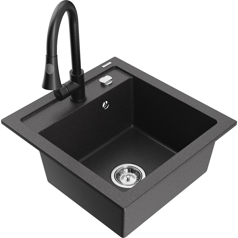 Mexen Vito 1-compartment granite sink with a kitchen mixer tap Elia, spotted black - 6503-76-670101-70