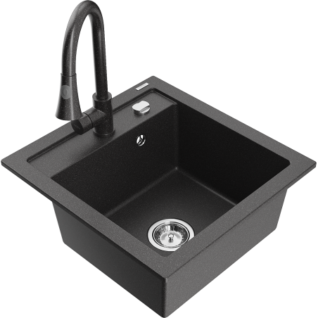 Mexen Vito granite kitchen sink 1-bowl with kitchen faucet Elia, black speckled - 6503-76-670101-76