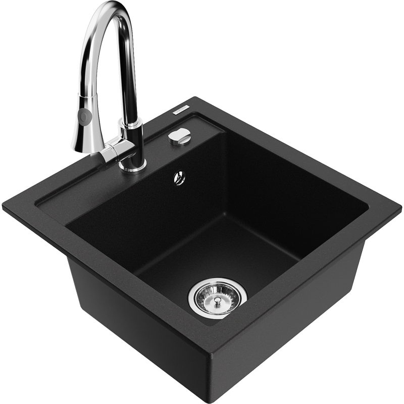 Mexen Vito 1-compartment granite sink with a kitchen mixer tap Elia, Black - 6503-77-670101-00