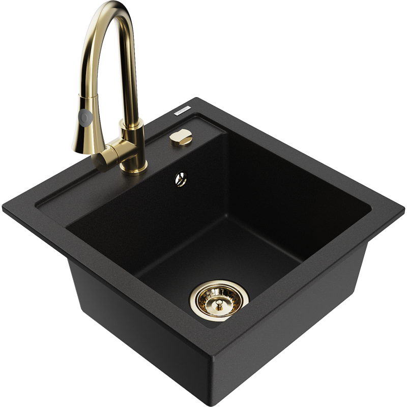 Mexen Vito 1-bowl Granite Sink with Elia Kitchen Tap, Black - 6503-77-670101-50