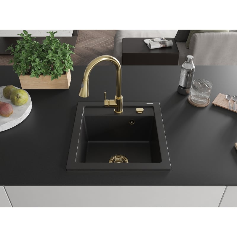 Mexen Vito granite kitchen sink single-bowl with Elia kitchen faucet, black - 6503-77-670101-50