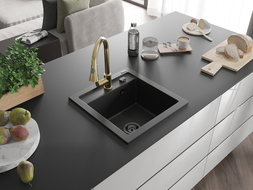 Mexen Vito Granite Sink 1-Bowl with Elia Kitchen Tap, Black - 6503-77-670101-50-B