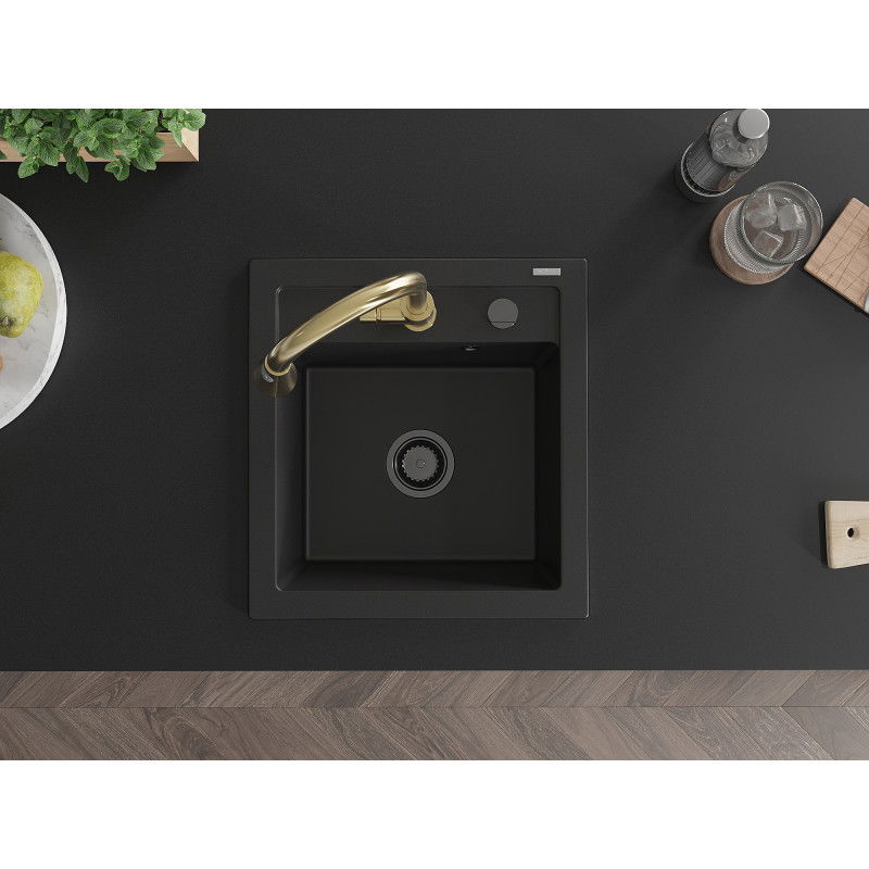 Mexen Vito Granite Sink 1-Bowl with Elia Kitchen Tap, Black - 6503-77-670101-50-B