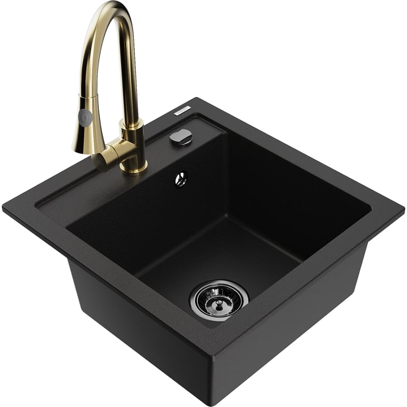 Mexen Vito granite kitchen sink 1-bowl with Elia kitchen faucet, black - 6503-77-670101-50-B