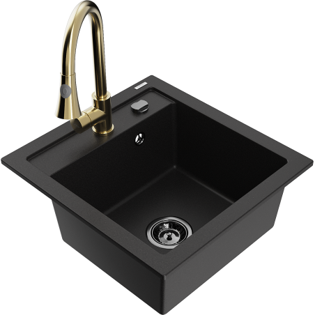 Mexen Vito Granite Sink 1-Bowl with Elia Kitchen Tap, Black - 6503-77-670101-50-B