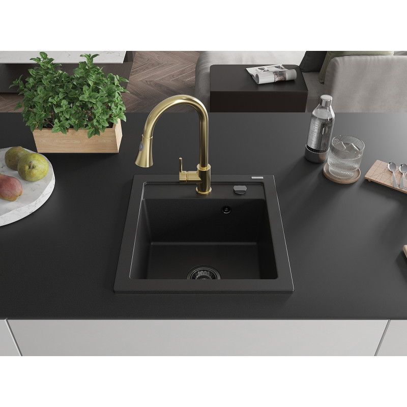 Mexen Vito granite kitchen sink 1-bowl with Elia kitchen faucet, black - 6503-77-670101-50-B