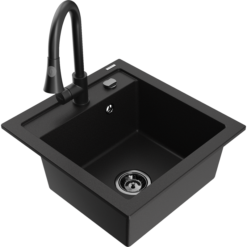 Mexen Vito granite kitchen sink single bowl with Elia kitchen tap, black - 6503-77-670101-70-B