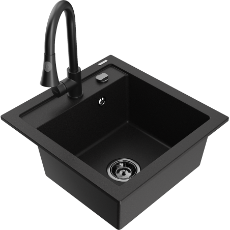 Mexen Vito granite kitchen sink 1-bowl with Elia kitchen faucet, black - 6503-77-670101-70-B