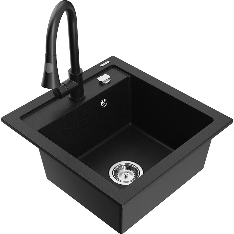 Mexen Vito granite single-bowl sink with kitchen faucet Elia, black - 6503-77-670101-70