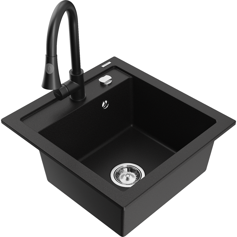 Mexen Vito granite sink 1-bowl with Elia kitchen tap, black - 6503-77-670101-70