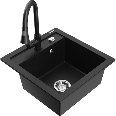 Mexen Vito granite sink 1-bowl with Elia kitchen tap, black - 6503-77-670101-70