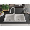 Mexen Mario granite kitchen sink 2-bowl with Elia kitchen faucet, white - 6504-20-670101-00