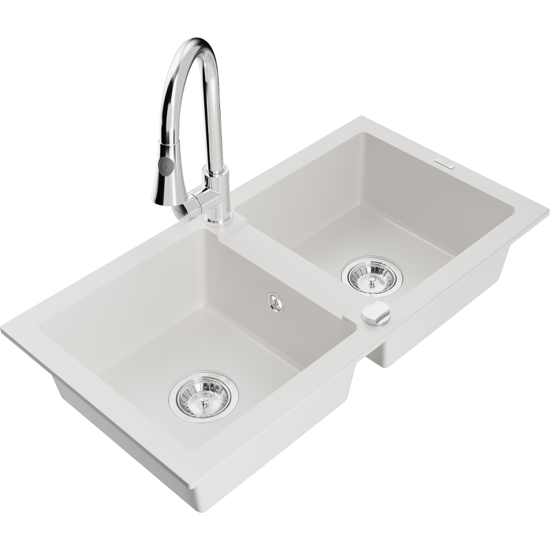 Mexen Mario 2-bowl granite sink with Elia kitchen tap, white - 6504-20-670101-00