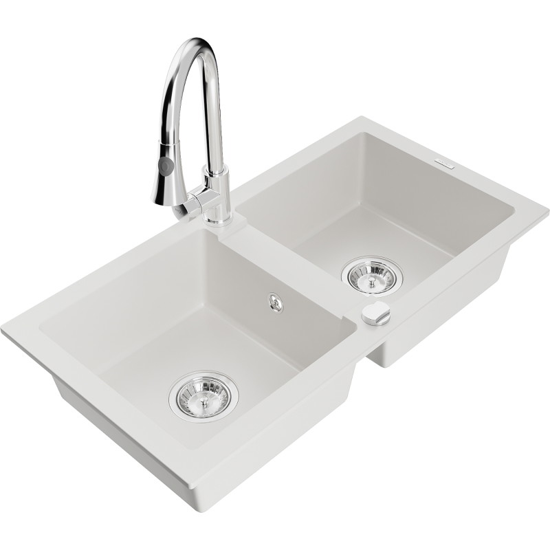 Mexen Mario granite kitchen sink 2-bowl with Elia kitchen faucet, white - 6504-20-670101-00