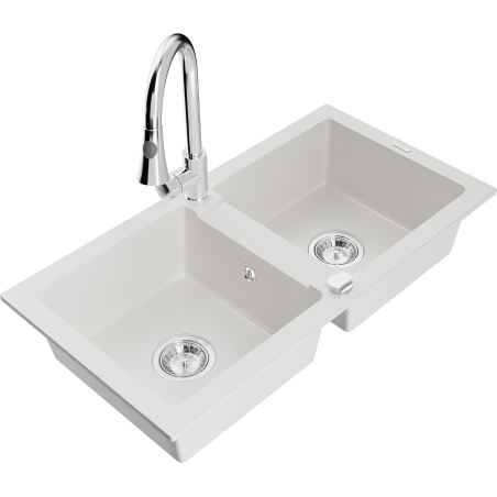 Mexen Mario granite kitchen sink 2-bowl with Elia kitchen faucet, white - 6504-20-670101-00