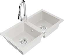 Mexen Mario granite kitchen sink 2-bowl with Elia kitchen faucet, white - 6504-20-670101-00