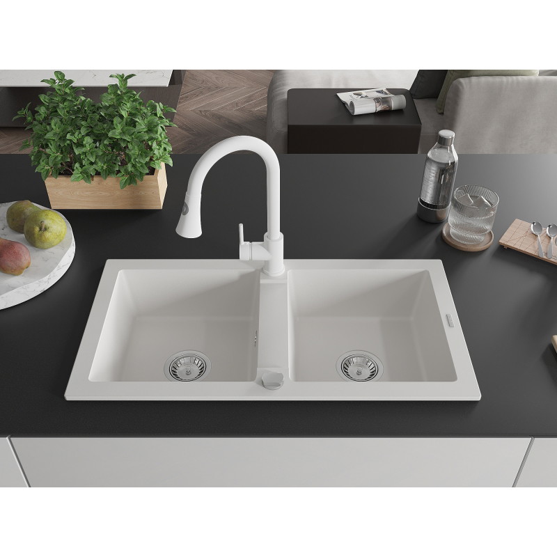 Mexen Mario 2-chamber granite sink with kitchen faucet Elia, white - 6504-20-670101-20