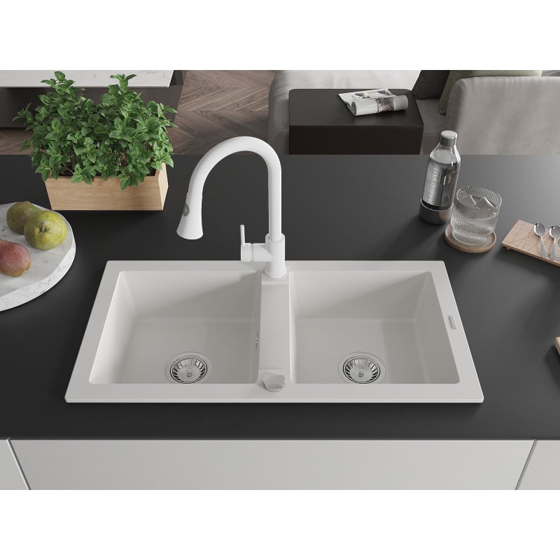 Mexen Mario granite kitchen sink 2-bowl with Elia kitchen tap, white - 6504-20-670101-20