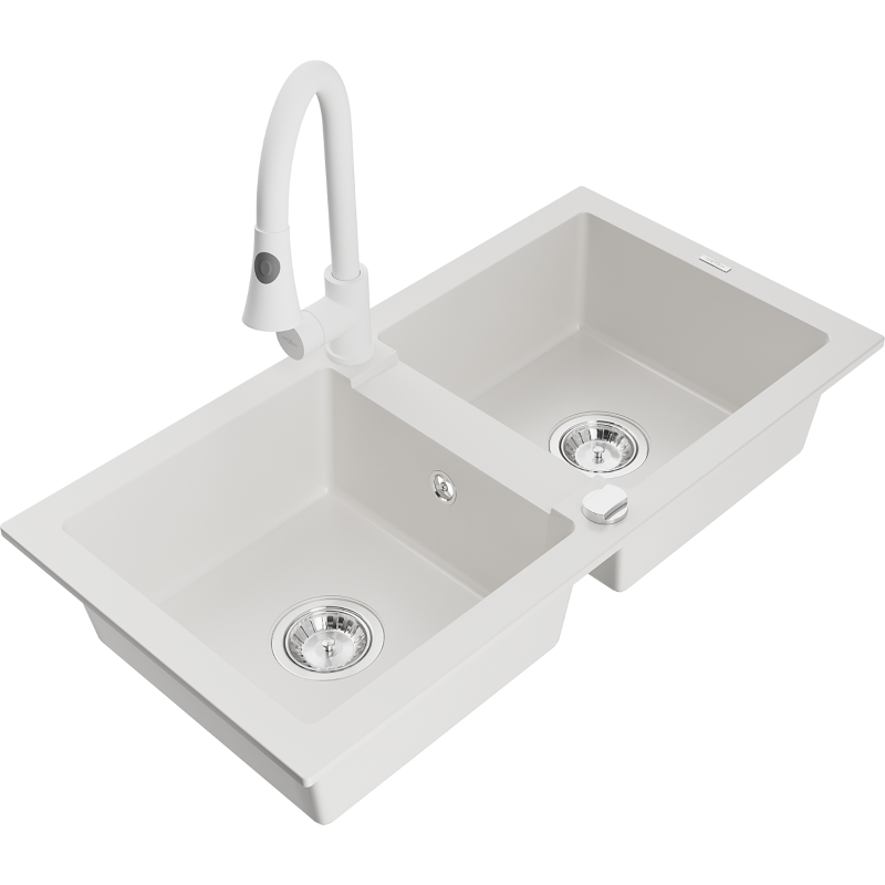 Mexen Mario 2-compartment granite sink with a kitchen mixer tap Elia, White - 6504-20-670101-20
