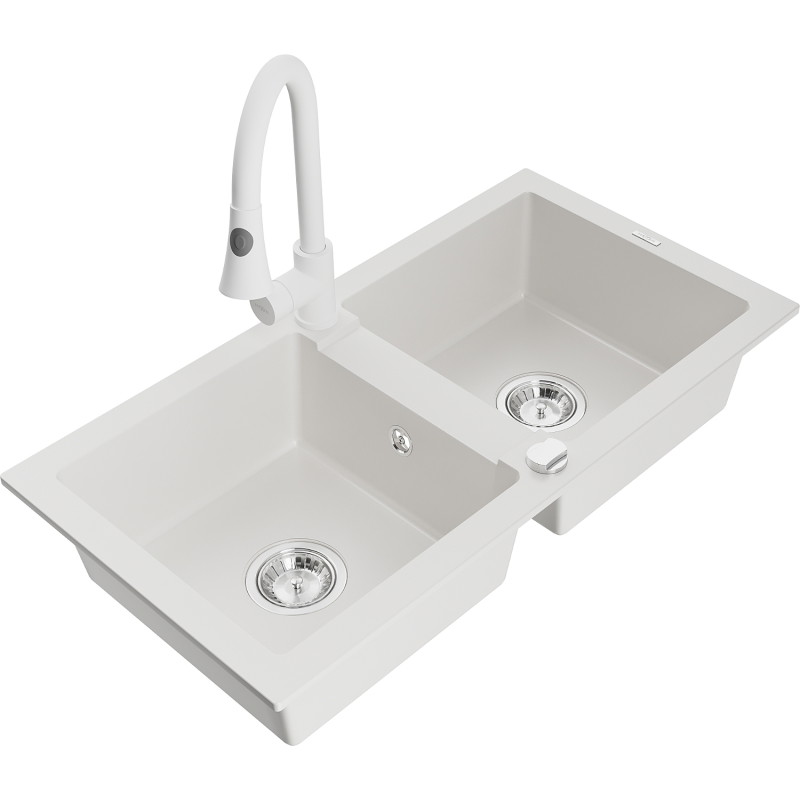 Mexen Mario granite double-bowl sink with kitchen faucet Elia, white - 6504-20-670101-20