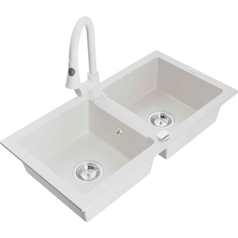 Mexen Mario granite kitchen sink 2-bowl with Elia kitchen tap, white - 6504-20-670101-20