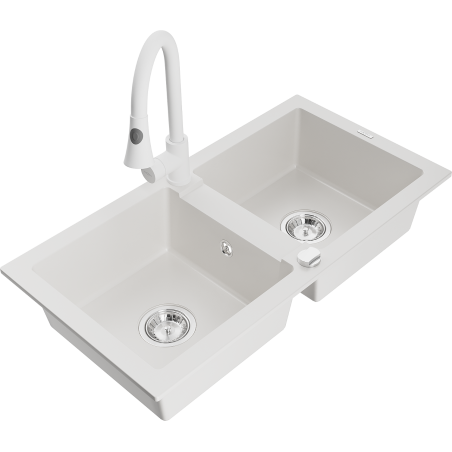 Mexen Mario granite kitchen sink 2-bowl with Elia kitchen tap, white - 6504-20-670101-20