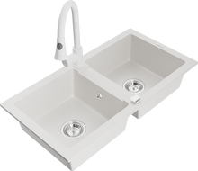 Mexen Mario 2-compartment granite sink with a kitchen mixer tap Elia, White - 6504-20-670101-20