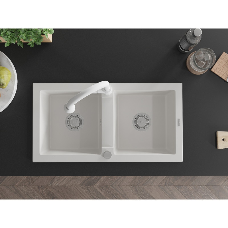 Mexen Mario granite double-bowl sink with kitchen faucet Elia, white - 6504-20-670101-20