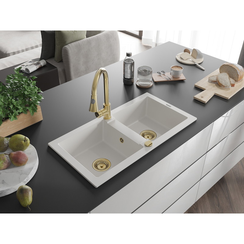Mexen Mario Elia white granite double bowl kitchen sink with faucet - 6504-20-670101-50