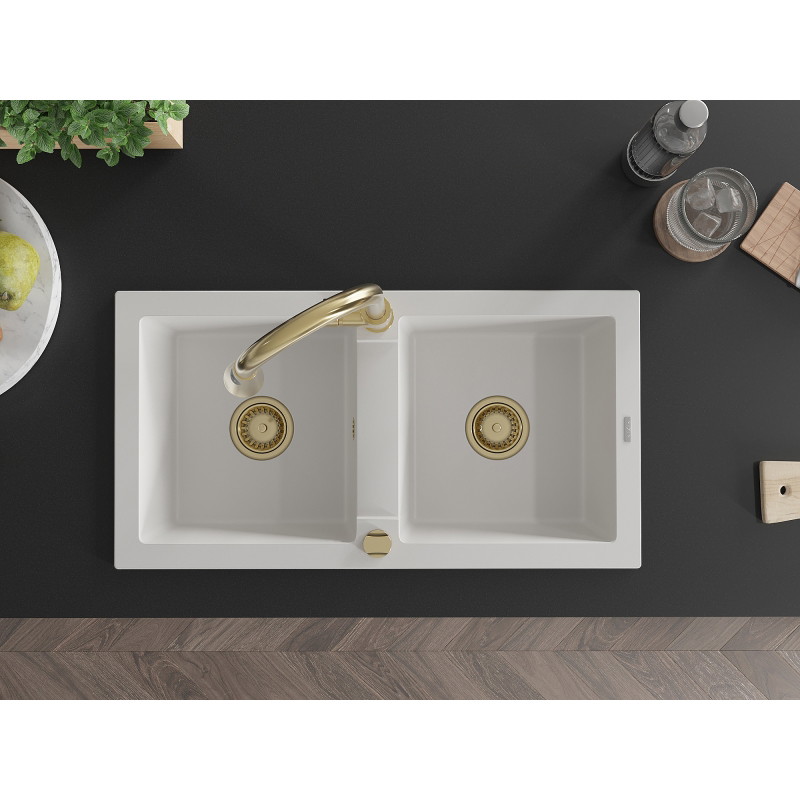 Mexen Mario granite double-bowl sink with Elia kitchen faucet, white - 6504-20-670101-50