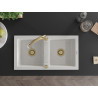 Mexen Mario granite double-bowl sink with Elia kitchen faucet, white - 6504-20-670101-50