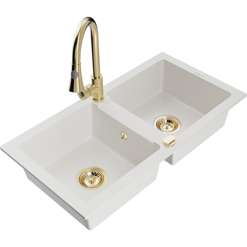 Mexen Mario granite double-bowl sink with Elia kitchen faucet, white - 6504-20-670101-50
