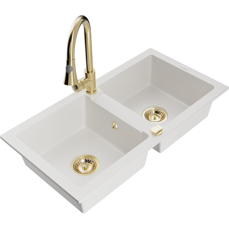 Mexen Mario granite double-bowl sink with Elia kitchen faucet, white - 6504-20-670101-50