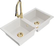 Mexen Mario granite double-bowl sink with Elia kitchen faucet, white - 6504-20-670101-50