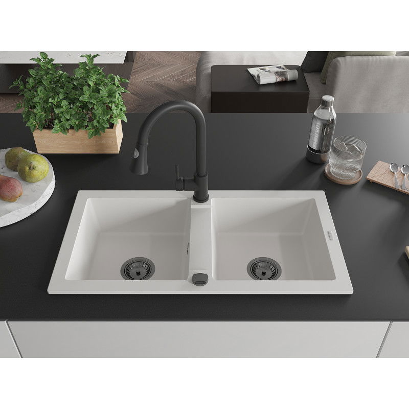 Mexen Mario 2-bowl granite kitchen sink with Elia tap, white - 6504-20-670101-70