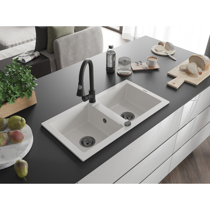 Mexen Mario granite 2-bowl kitchen sink with Elia faucet, white - 6504-20-670101-70