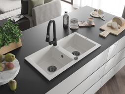 Mexen Mario granite double-bowl sink with Elia kitchen faucet, white - 6504-20-670101-70