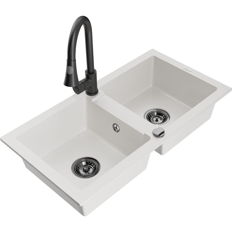 Mexen Mario 2-compartment granite sink with a kitchen mixer tap Elia, White - 6504-20-670101-70