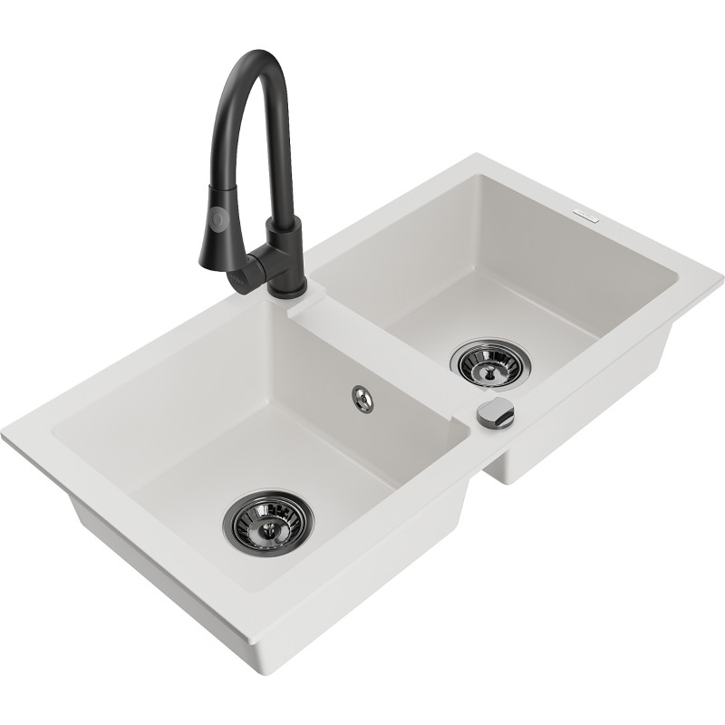 Mexen Mario granite 2-bowl kitchen sink with Elia faucet, white - 6504-20-670101-70